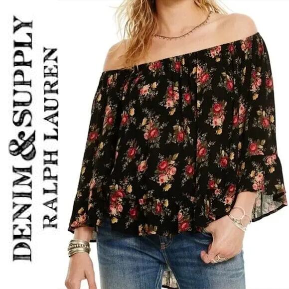 RALPH LAUREN DENIM & SUPPLY Black Red Floral Ruffle Blouse Top – Medium - Picture 1 of 12